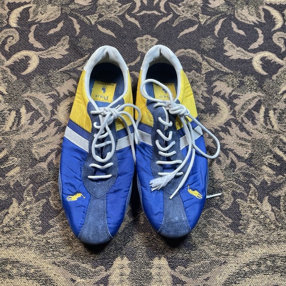 Vtg 90s Polo Ralph Lauren Nylon Suede Mens Shoes Size 13 Blue Yellow Thin - Picture 2 of 10